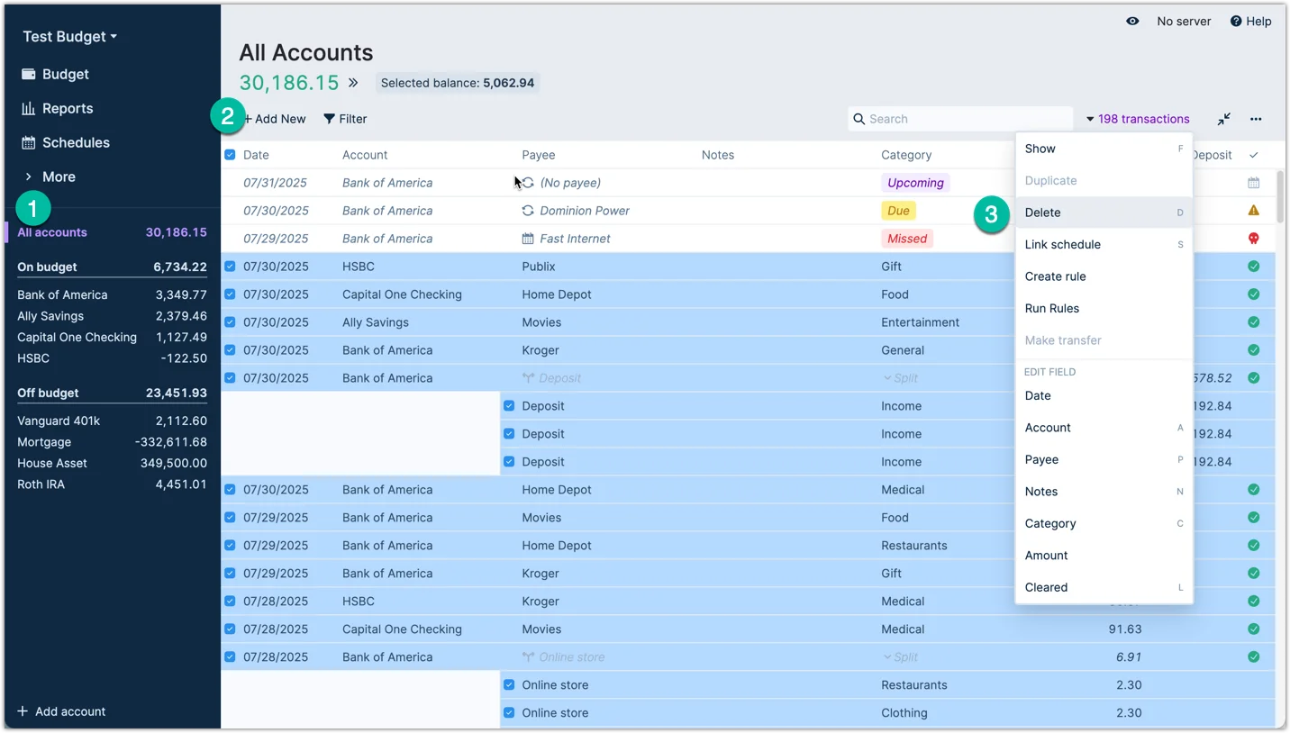 Steps for deleting all transactions