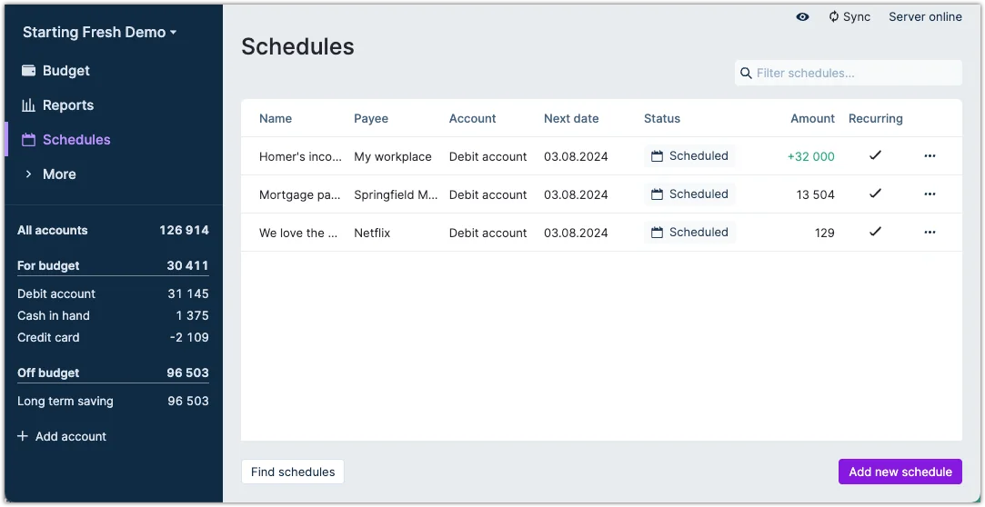 Overvieds of the scheduldes screen